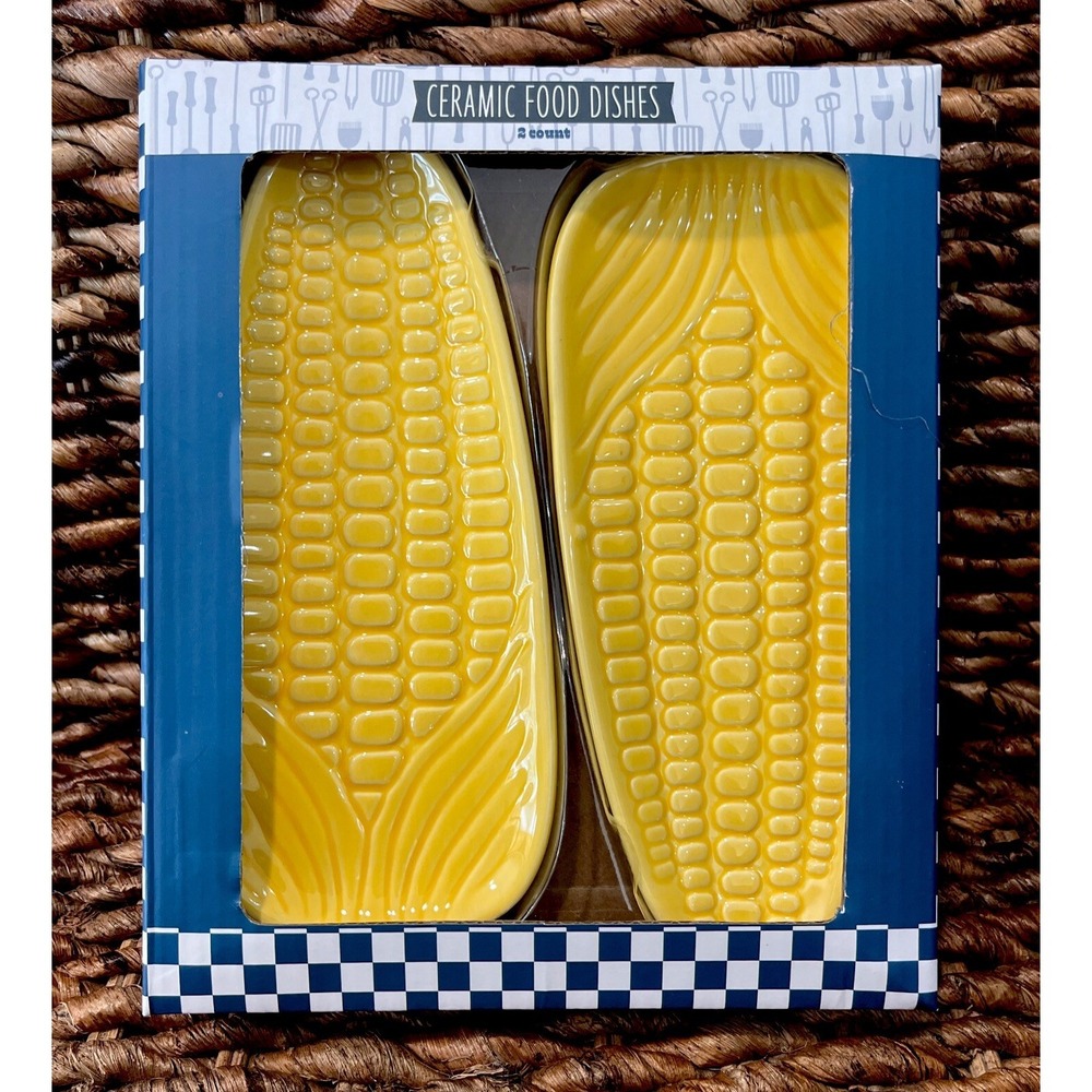 Set of 2 Ceramic Ear of Corn On The Cob Ceramic Plates‎ Dishes Trays Bbq NEW